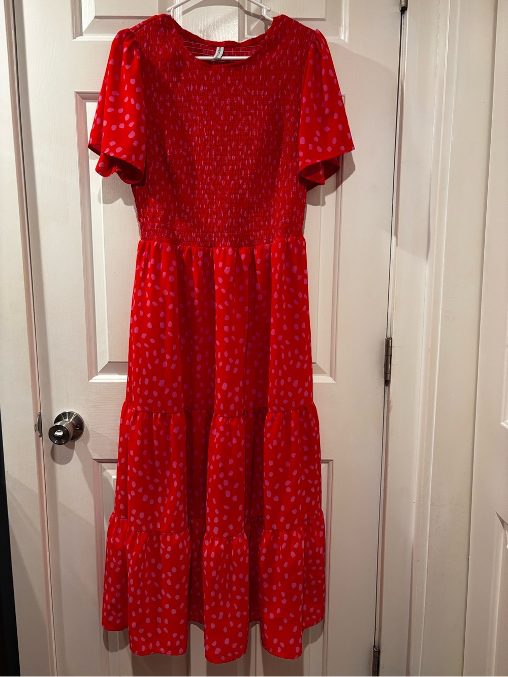 PrettyGarden Red Polka Dot Smocked Maxi Dress with Flutter Sleeves